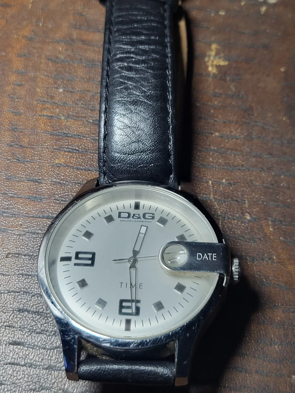 D&G Silver Case Watch with Black Leather Strap and White Dial
